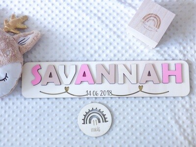 Puzzle prénom avec la date de naissance/Motif cœurs
Rose cochon clair-beige personnage-bois naturel