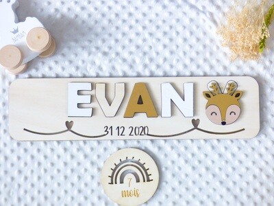 Puzzle prénom avec la date de naissance/Motif cœurs
Blanc/Bois naturel/Beige brun