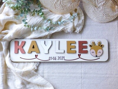 Puzzle prénom avec la date de naissance/Motif cœurs
Cuivre-Beige brun-Blanc-Bois naturel