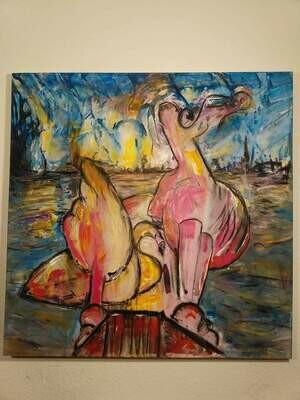 Christian Knust: Flamingos 90 x 90 cm Acryl auf Leinwand