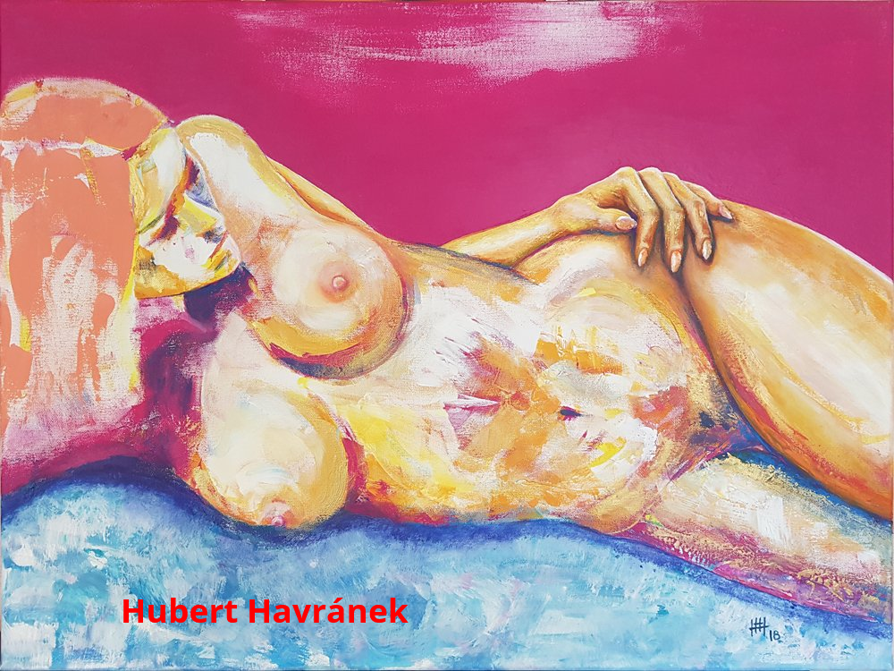 Hubert Havránek: Magenta Akt, Acryl auf Leinwand 100 x 70 cm
