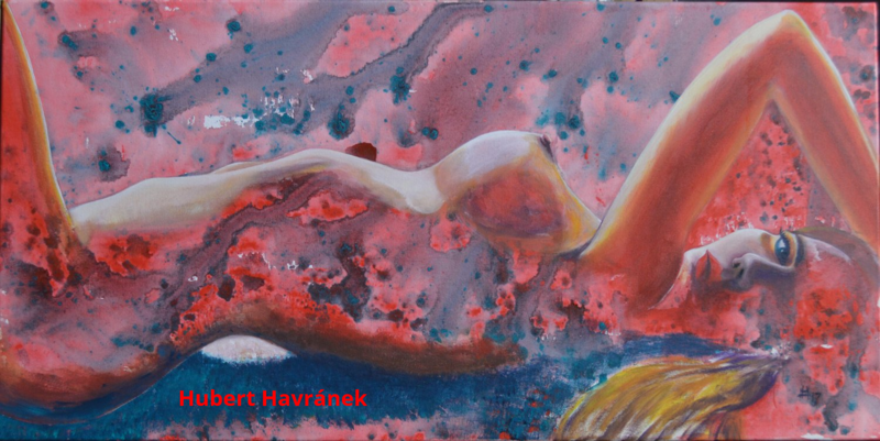Hubert Havránek: Liegender Akt, Acryl auf Leinwand 100 x 50 cm