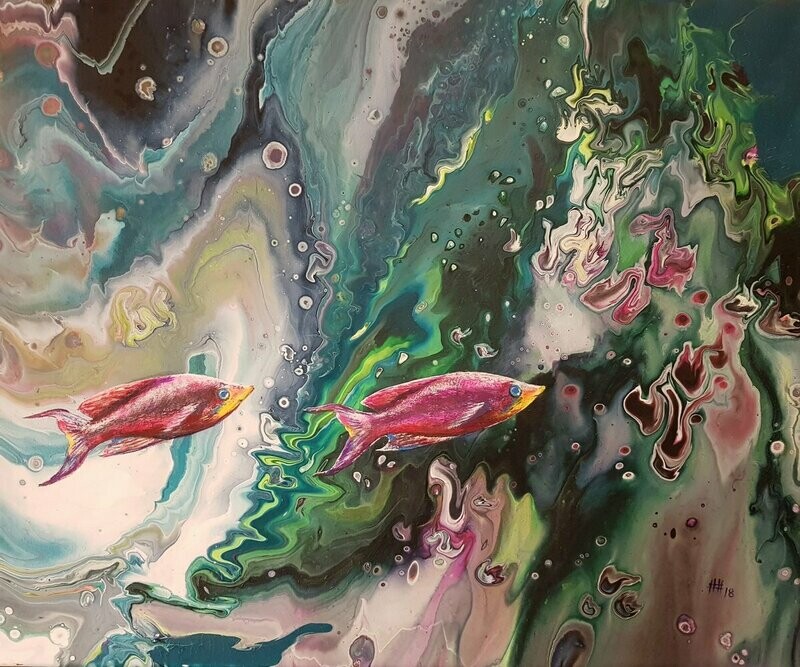 Hubert Havránek: Fische auf der Reise, Acryl auf Leinwand, 60 x 50 cm