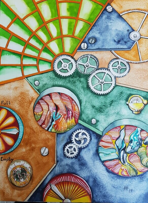 Hubert Havránek:  Inside the timemachine, Aquarell: 42 x 56 cm inkl. Passepartout 50 x 70 cm
