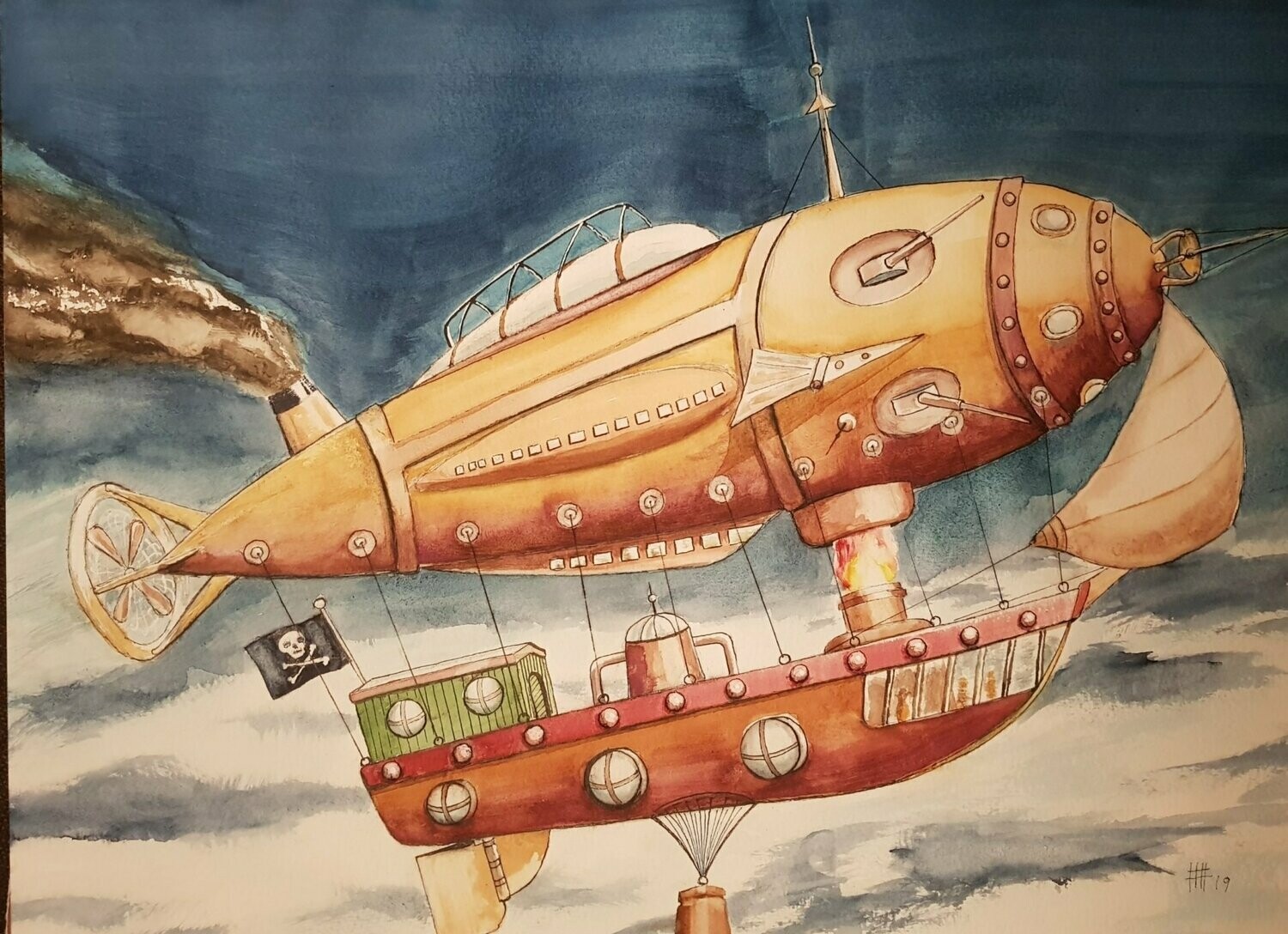 Hubert Havránek: Steampunk Luftschiff, Aquarell: 30 x 40 cm inkl. Passepartout 40 x 50 cm