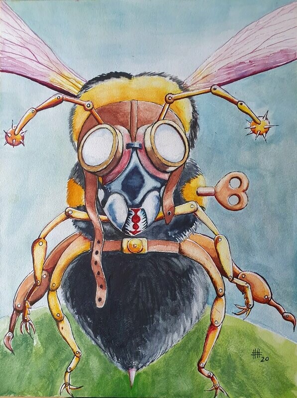 Hubert Havránek: Die Biene macht den Zeitsprung, Aquarell: 30 x 40 cm inkl. Passepartout 40 x 50 cm
