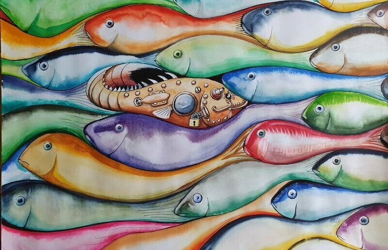 Hubert Havránek: Against Mainstream , Aquarell: 60 x 40 cm inkl. Passepartout 70 x 50 cm