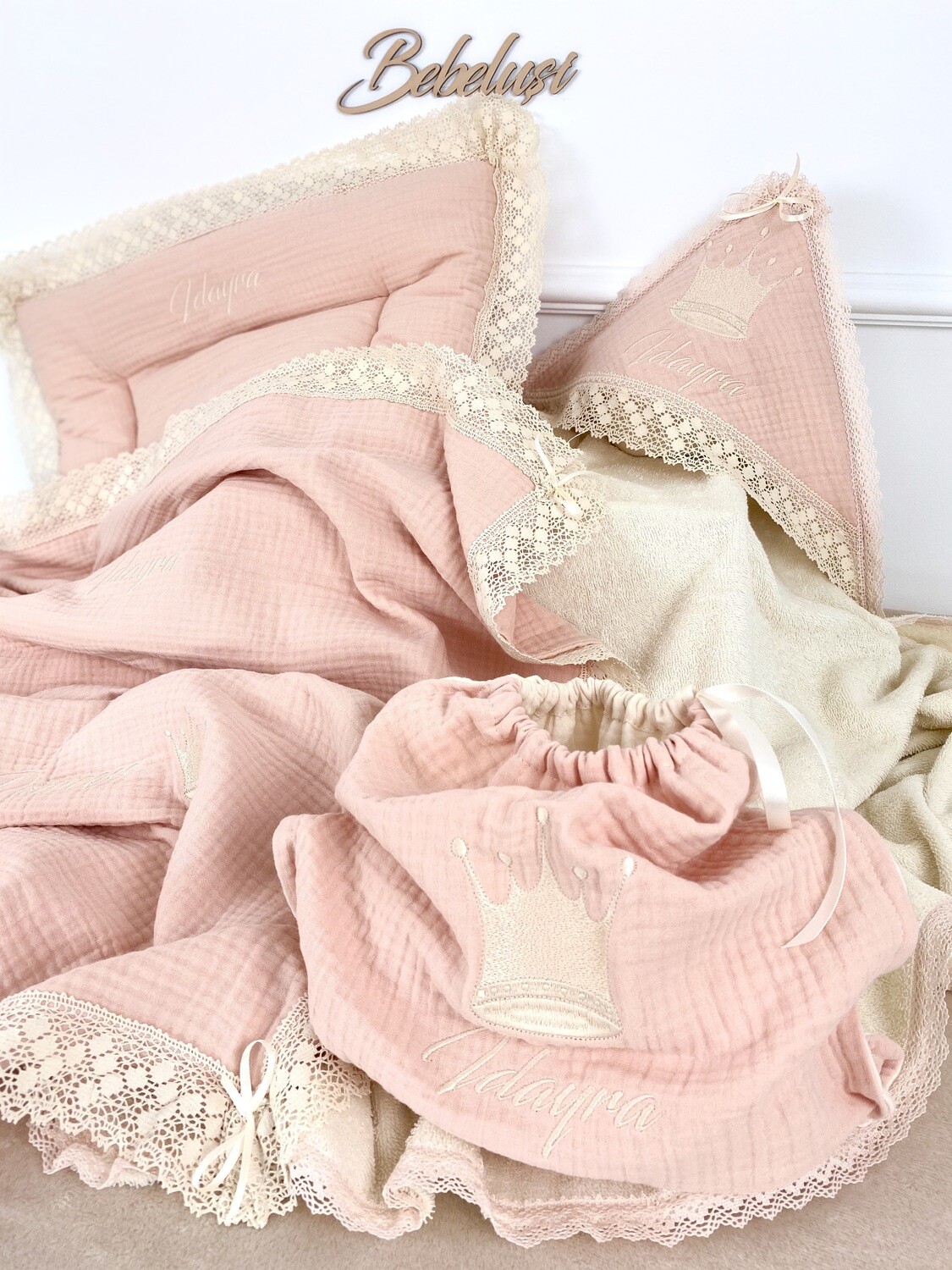 Set Cadou Botez Muselina roz piersica