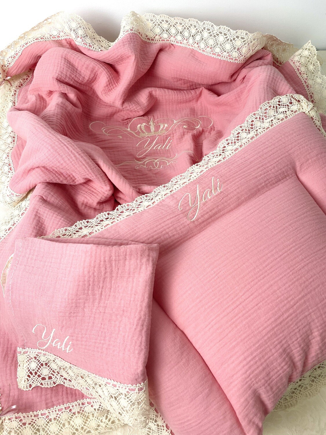 Set Cadou Botez Muselina roz prafuit