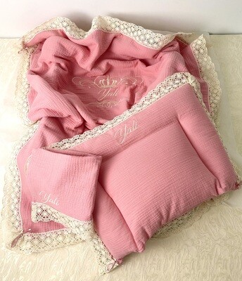 Set Cadou Botez Muselina roz prafuit