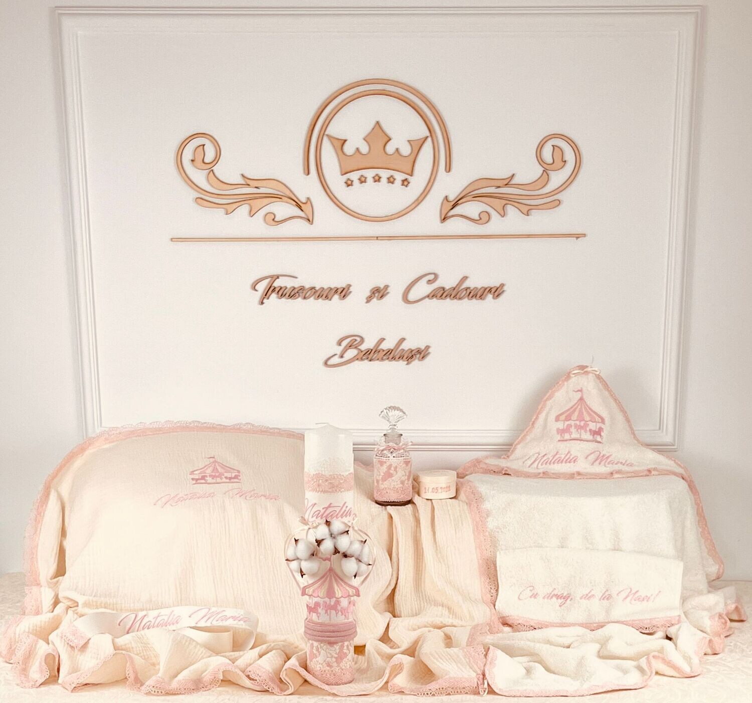 Trusou Botez Personalizat Muslin Carusel - Set Biserica