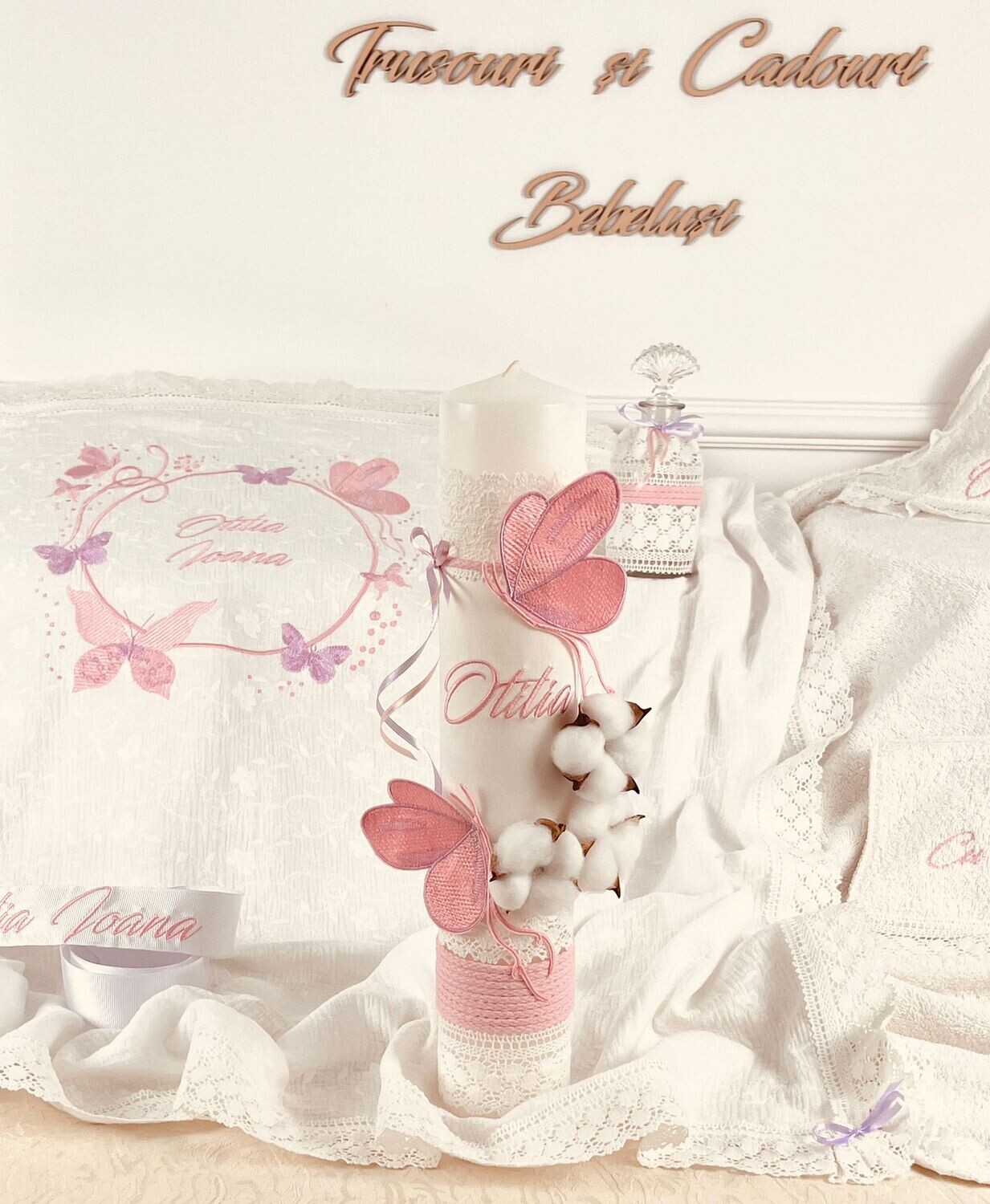 Trusou Botez Muselina Fluturi Lila - Set Biserica Personalizat