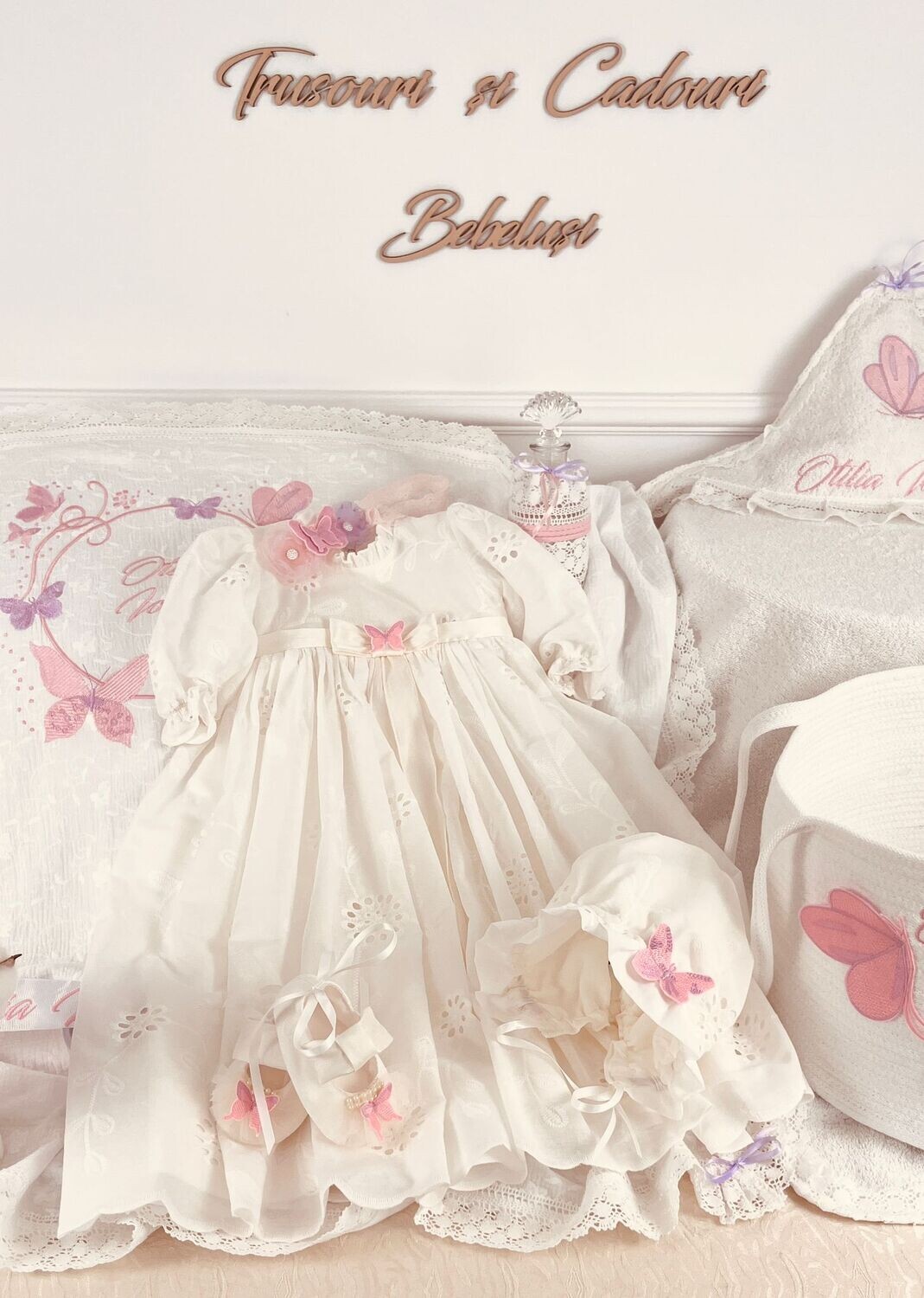 Trusou Botez Muselina Fluturi Lila - Set Biserica Personalizat