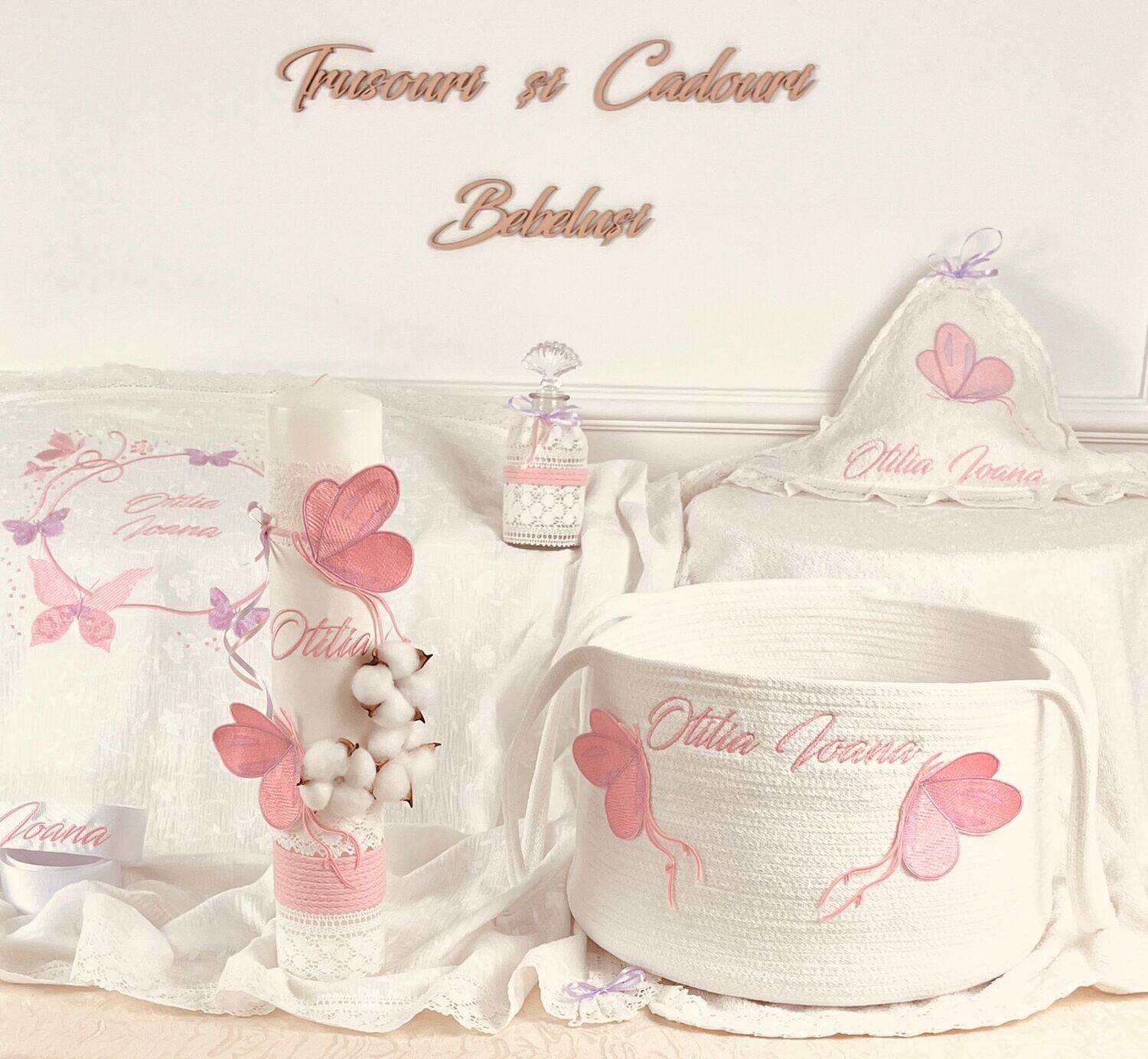 Trusou Botez Muselina Fluturi Lila - Set Biserica Personalizat