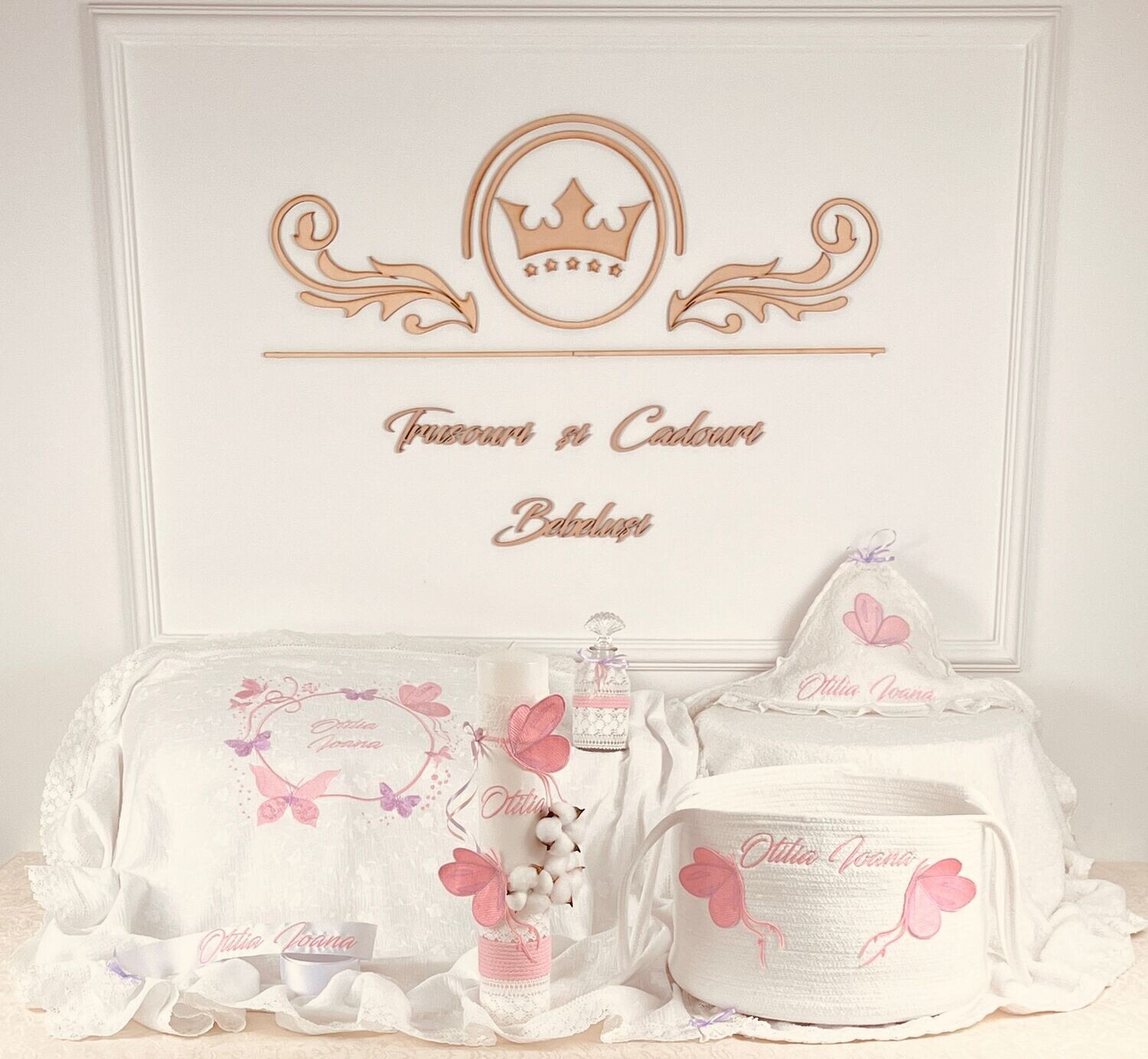 Trusou Botez Muselina Fluturi Lila - Set Biserica Personalizat