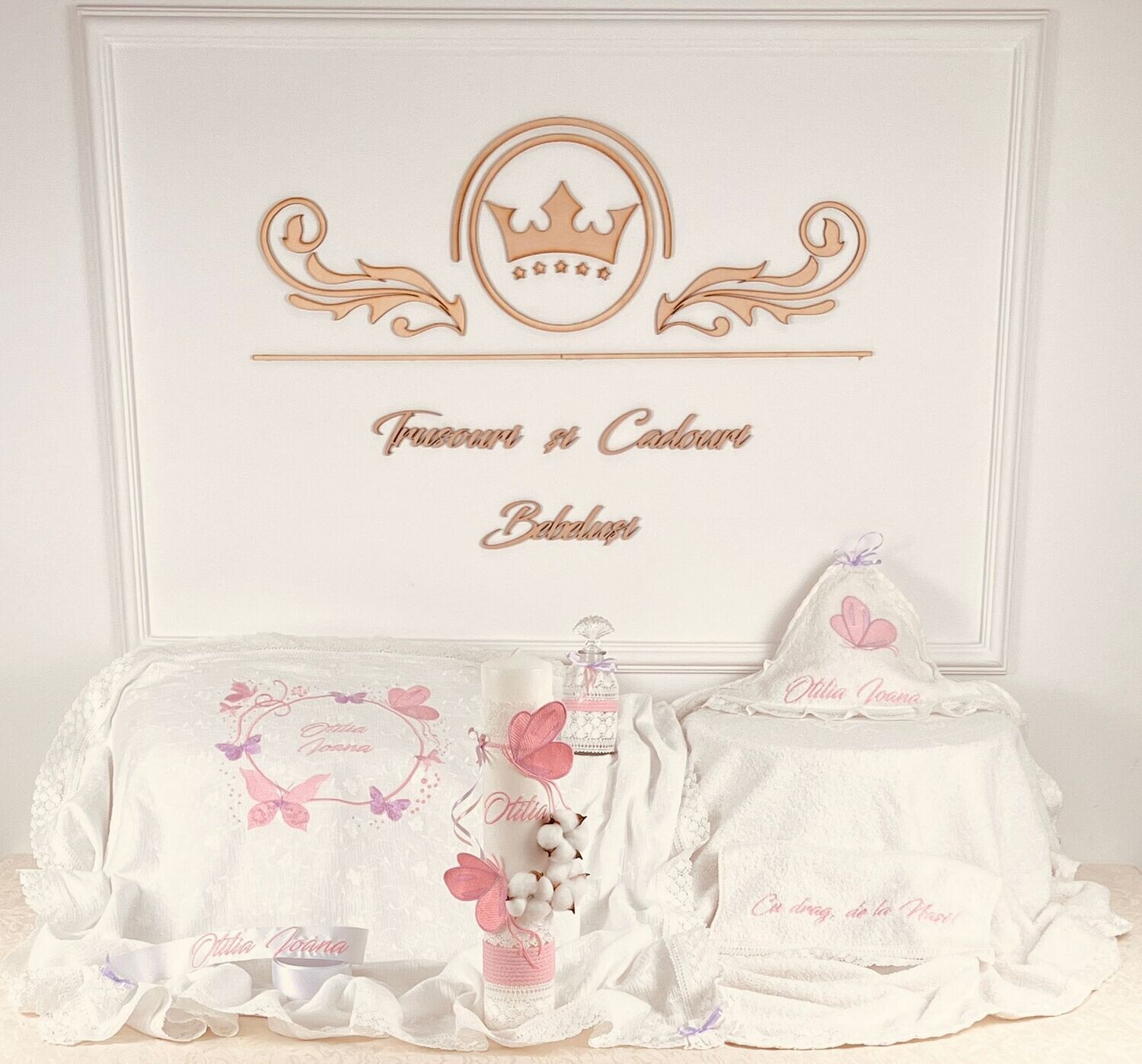 Trusou Botez Muselina Fluturi Lila - Set Biserica Personalizat