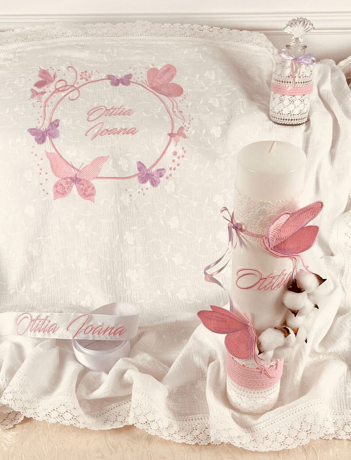 Trusou Botez Muselina Fluturi Lila - Set Biserica Personalizat