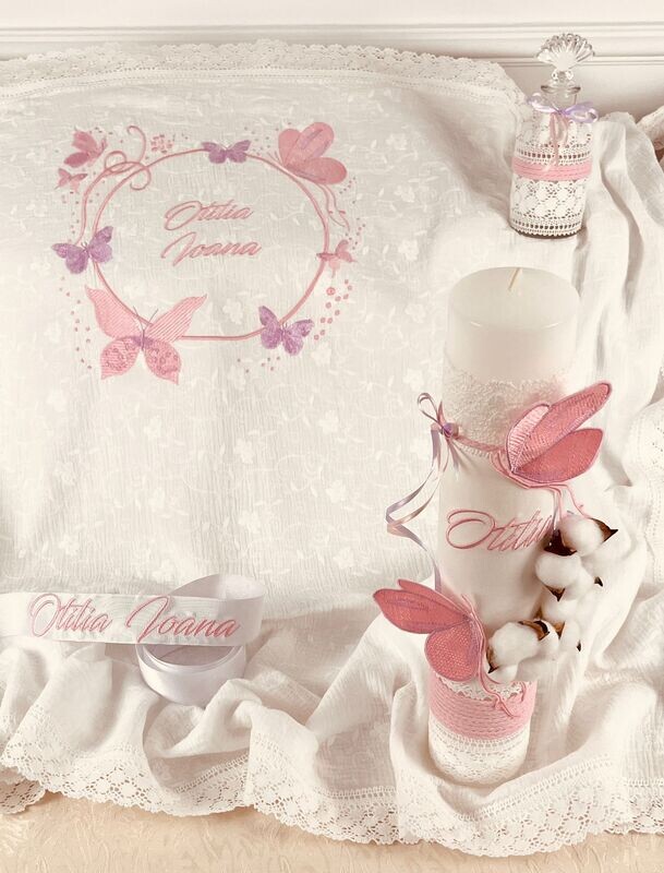 Trusou Botez Personalizat Fluturi Lila - Set Biserica Premium