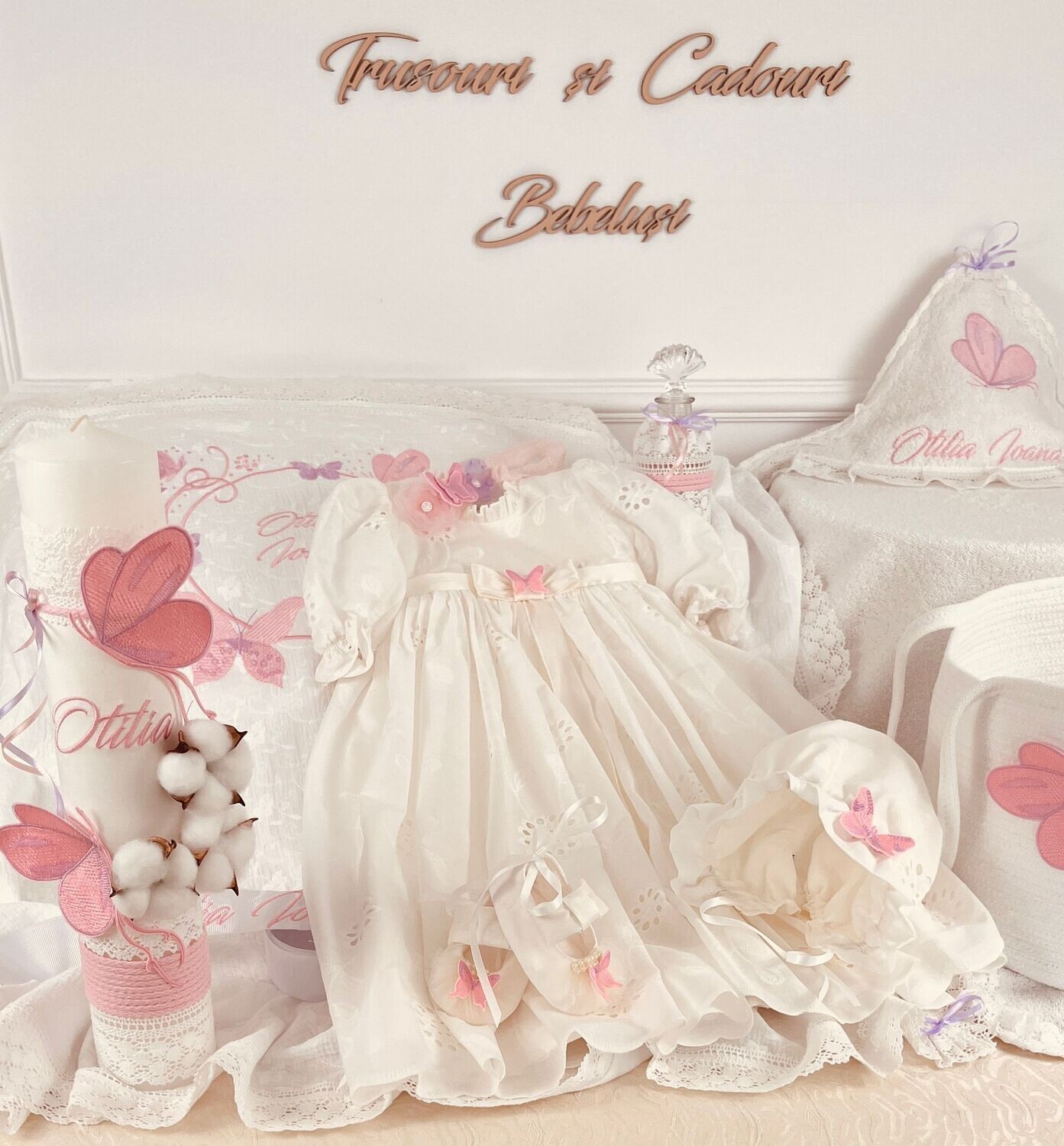 Trusou Botez Muselina Fluturi Lila - Set Biserica Personalizat