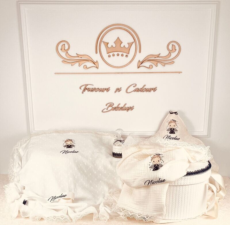 Trusou Botez Personalizat Muslin Nicolae - Set Biserica