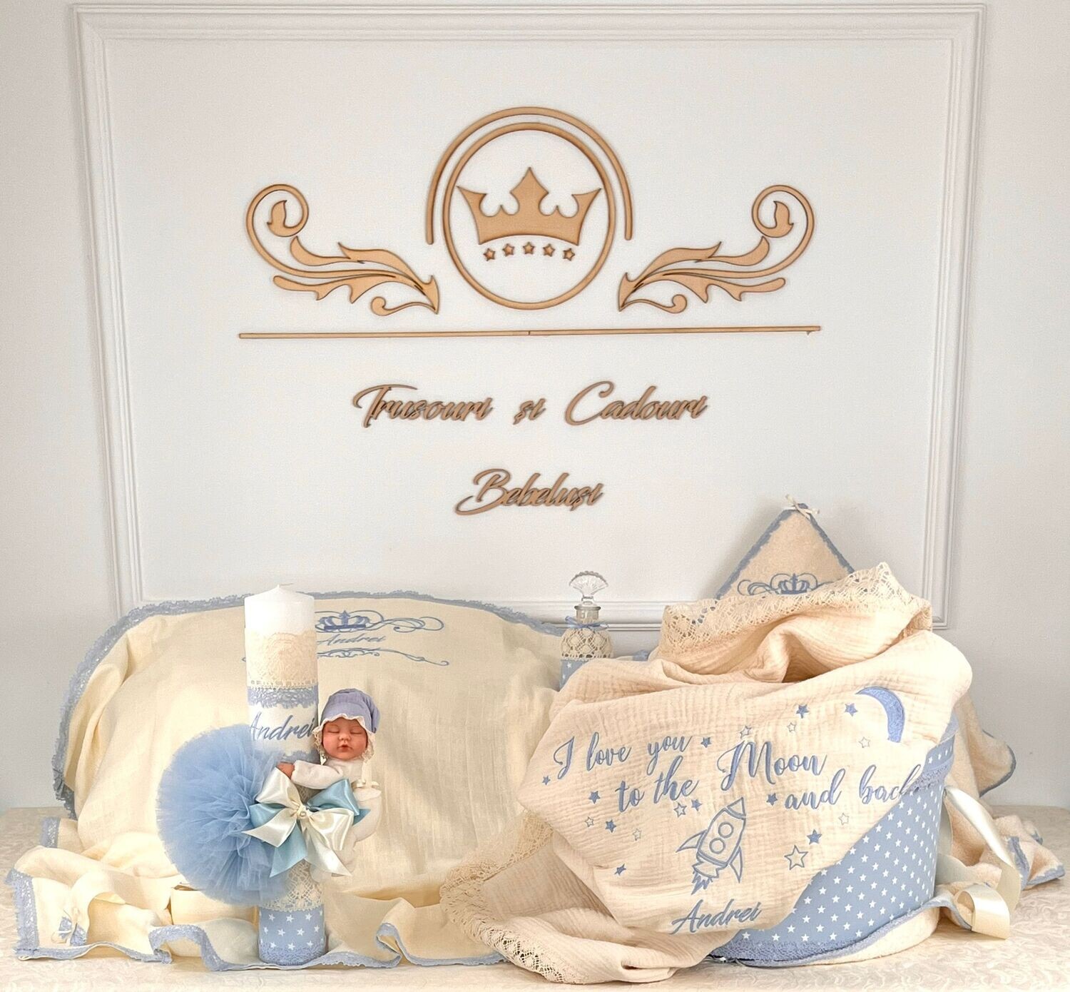 Trusou Botez Personalizat Muslin Andrei 2 - Set Biserica