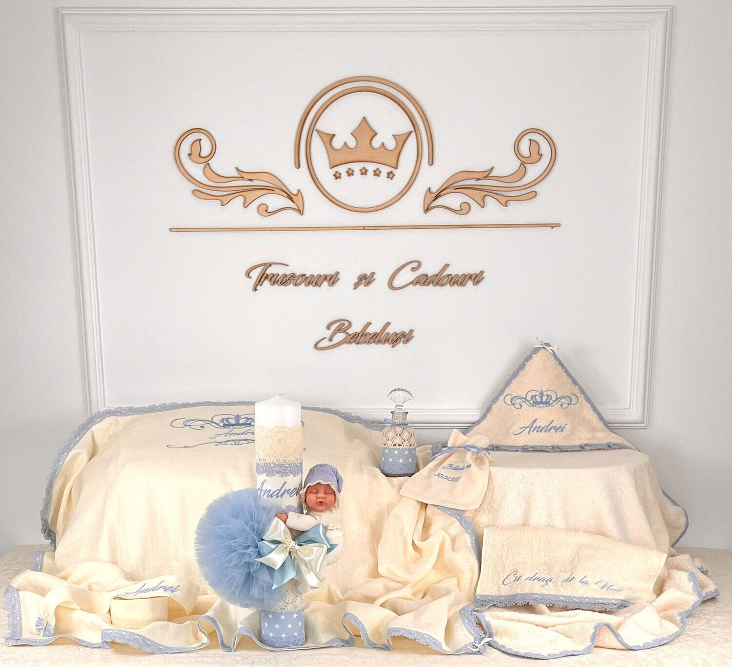 Trusou Botez Personalizat Muslin Andrei 2 - Set Biserica