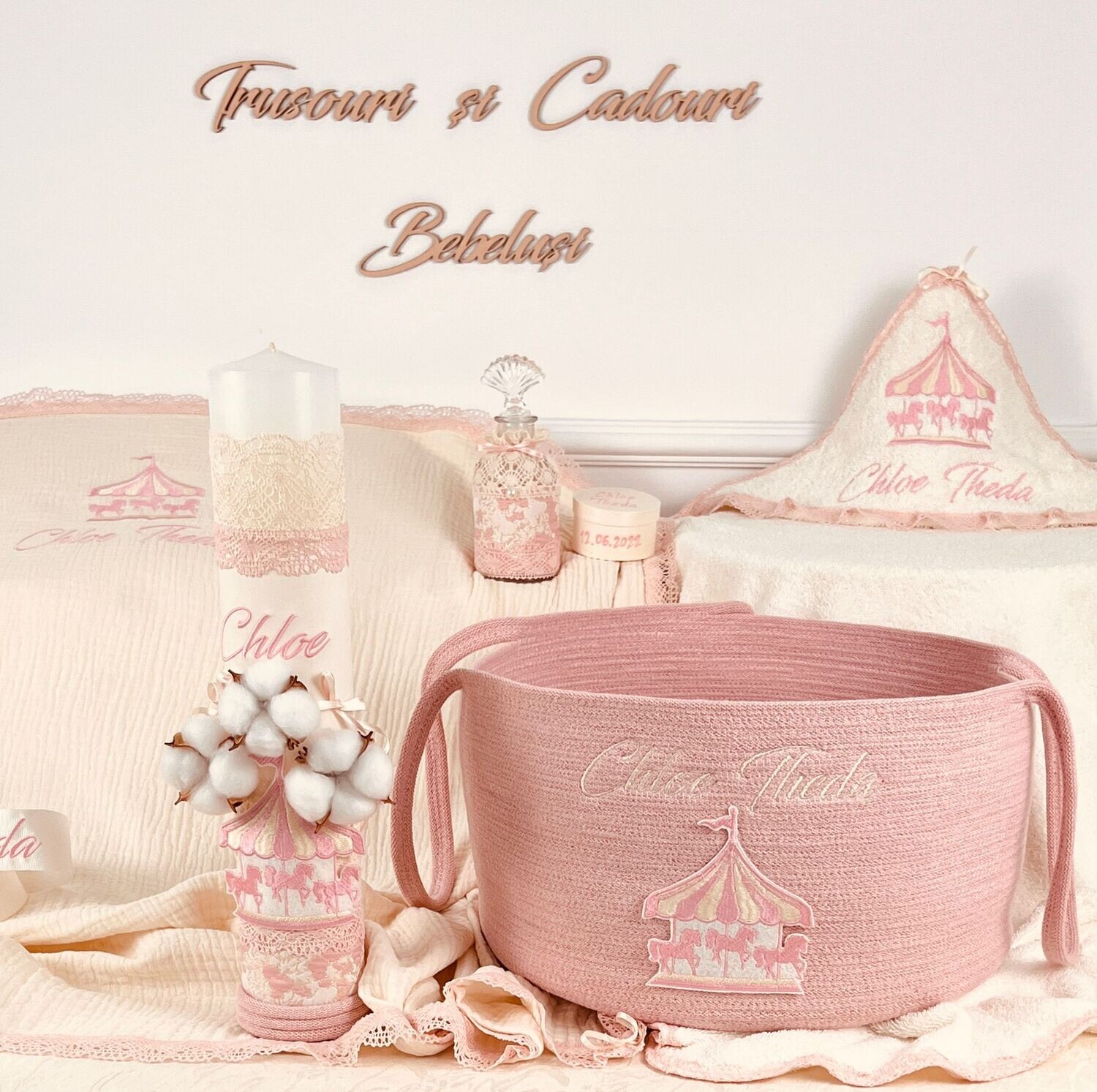 Trusou Botez Personalizat Muslin Carusel 2 - Set Biserica Premium