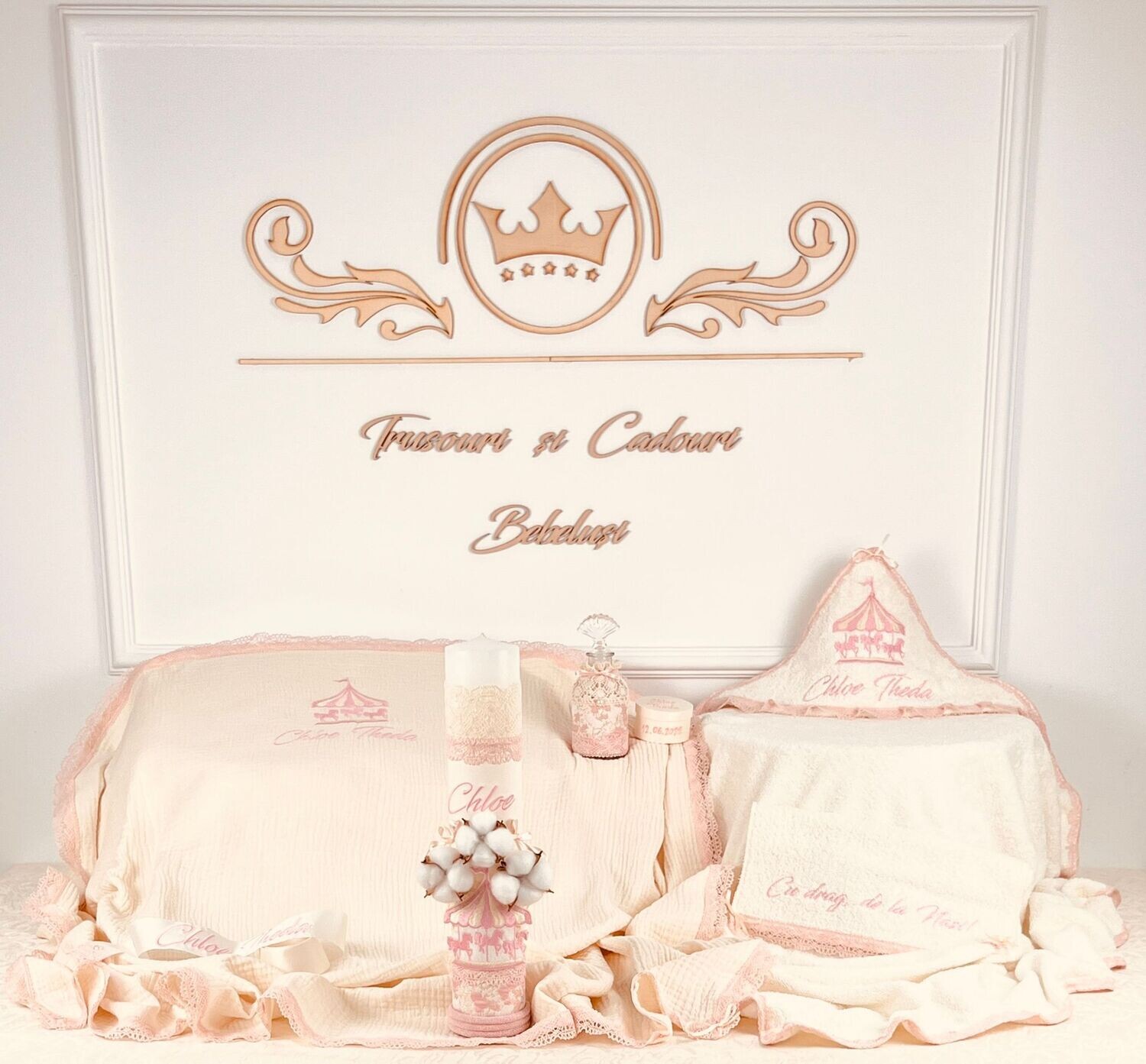 Trusou Botez Personalizat Muslin Carusel 2 - Set Biserica Premium