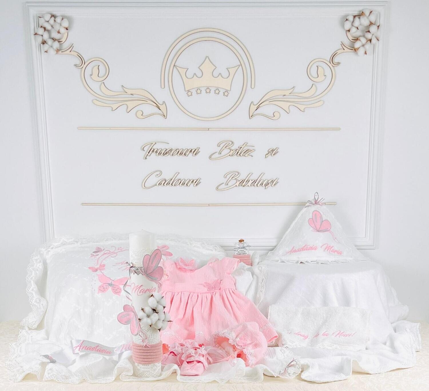 Trusou Botez Bumbac si fluturi pink &amp; grey - Set Biserica Premium