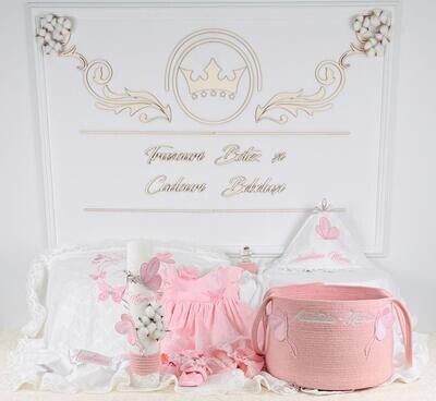 Trusou Botez Bumbac si fluturi pink &amp; grey - Set Biserica Premium