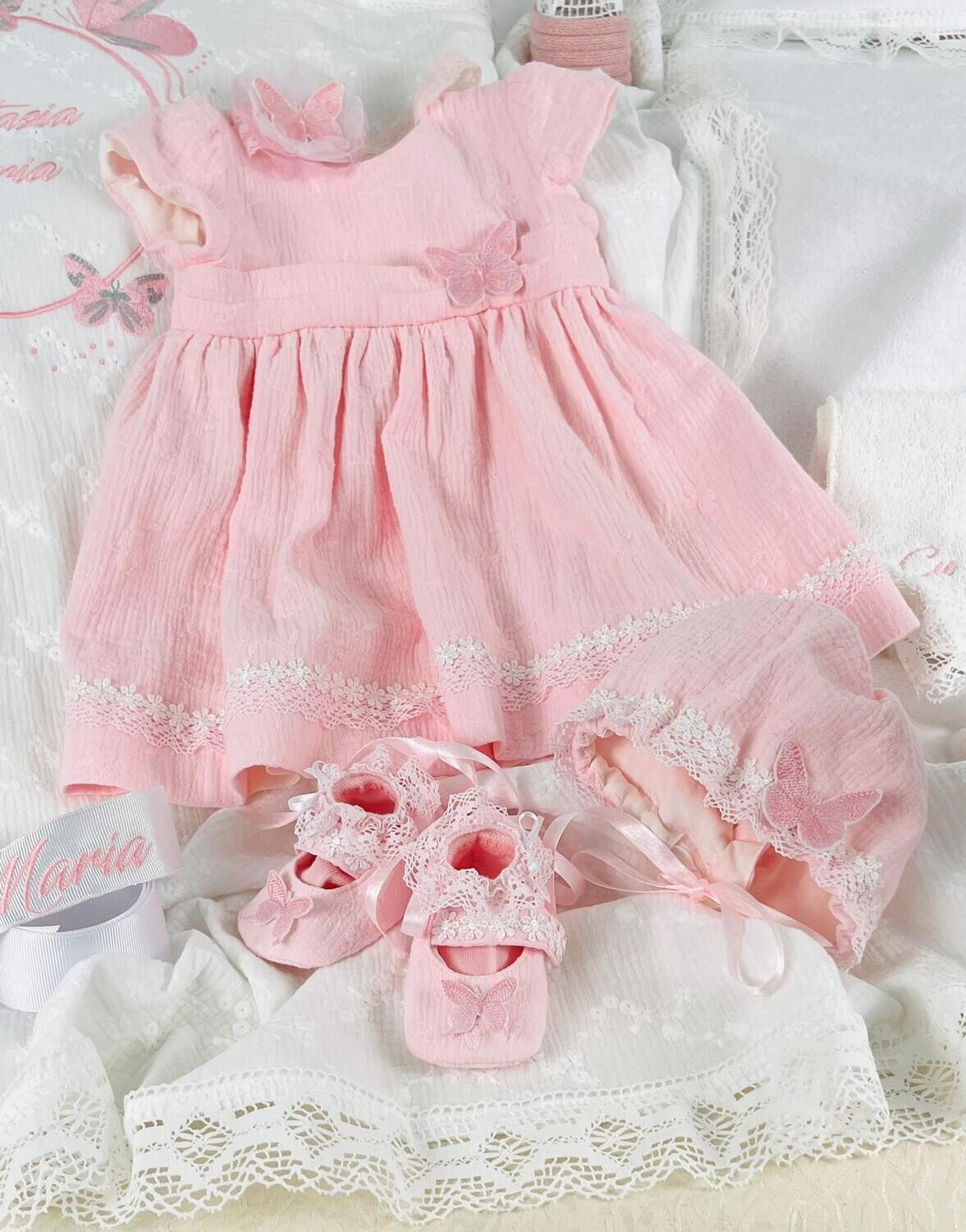 Trusou Botez Bumbac si fluturi pink &amp; grey - Set Biserica Premium