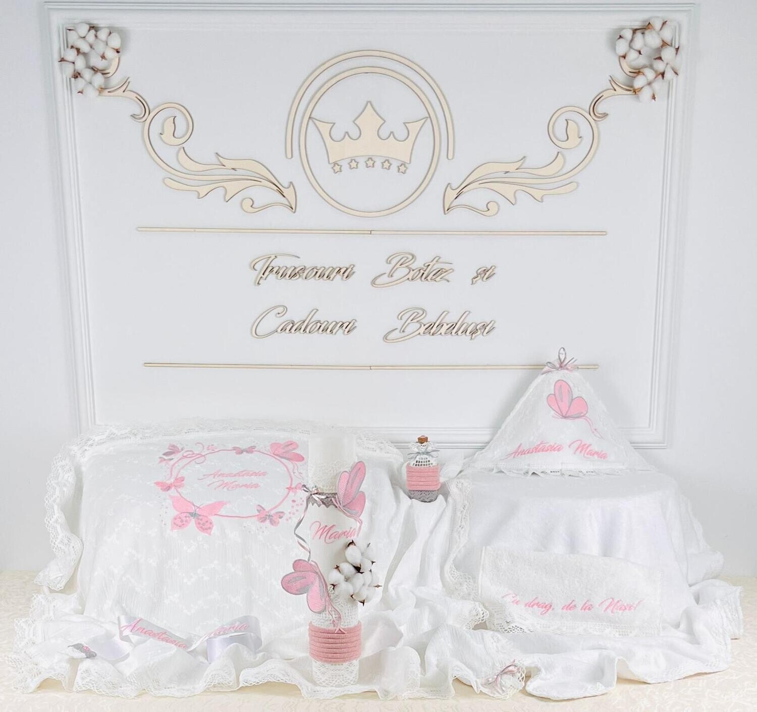 Trusou Botez Bumbac si fluturi pink &amp; grey - Set Biserica Premium