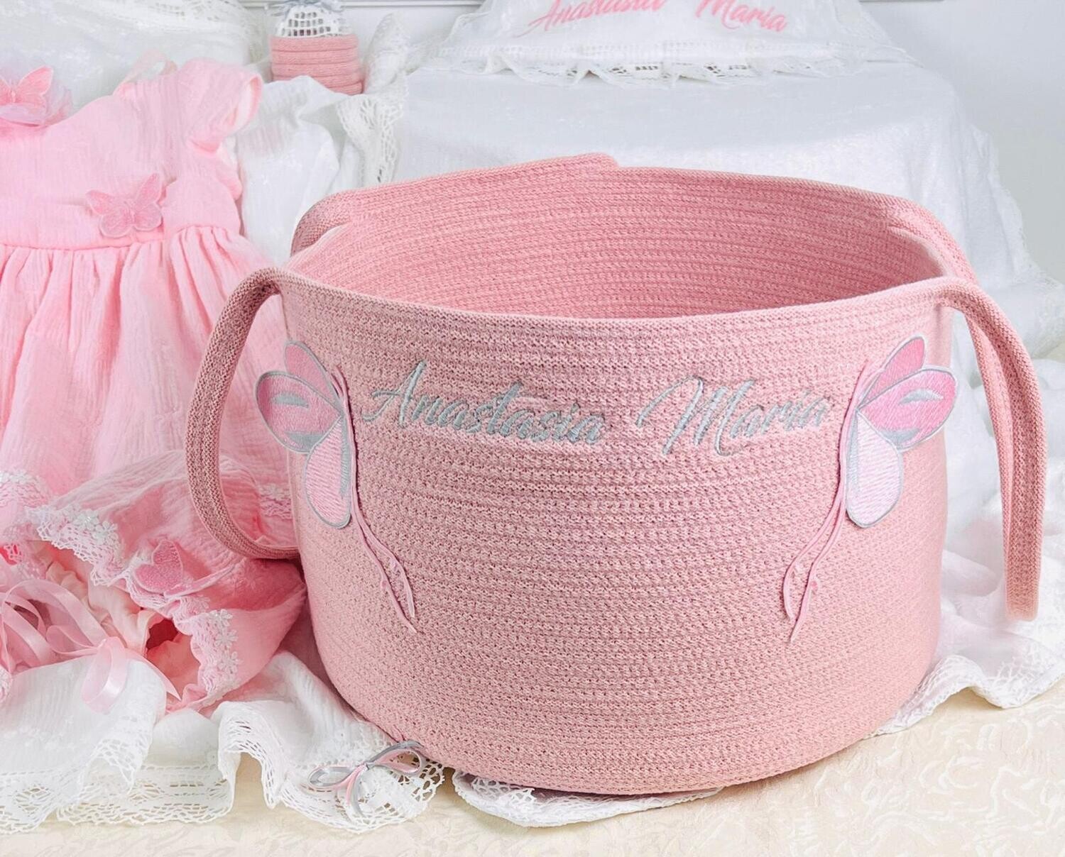 Trusou Botez Bumbac si fluturi pink &amp; grey - Set Biserica Premium