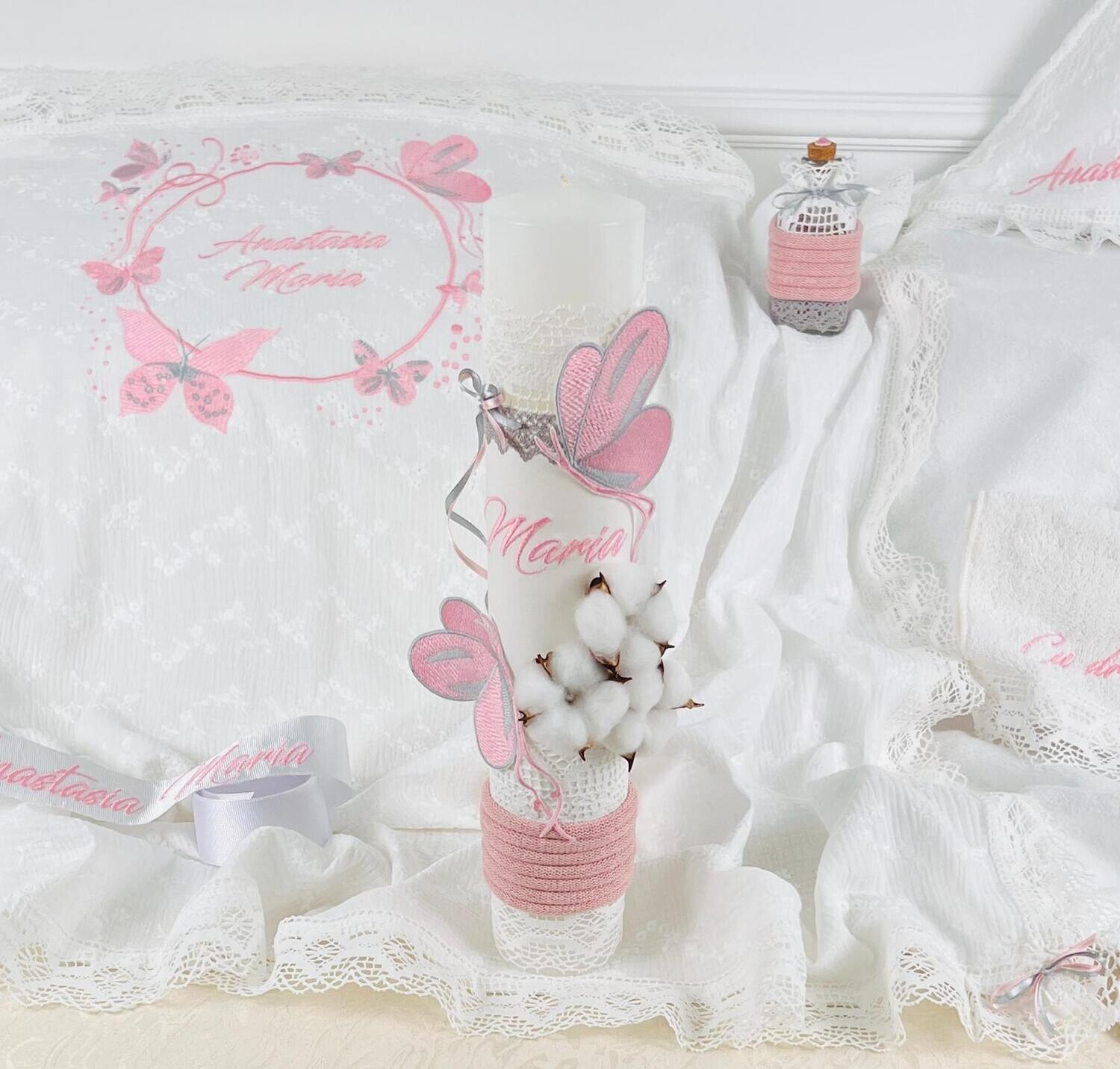 Trusou Botez Bumbac si fluturi pink &amp; grey - Set Biserica Premium