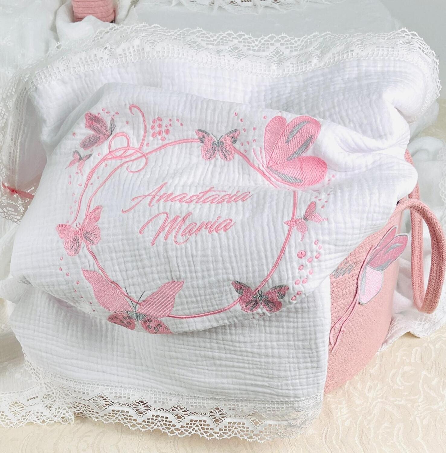 Trusou Botez Bumbac si fluturi pink &amp; grey - Set Biserica Premium