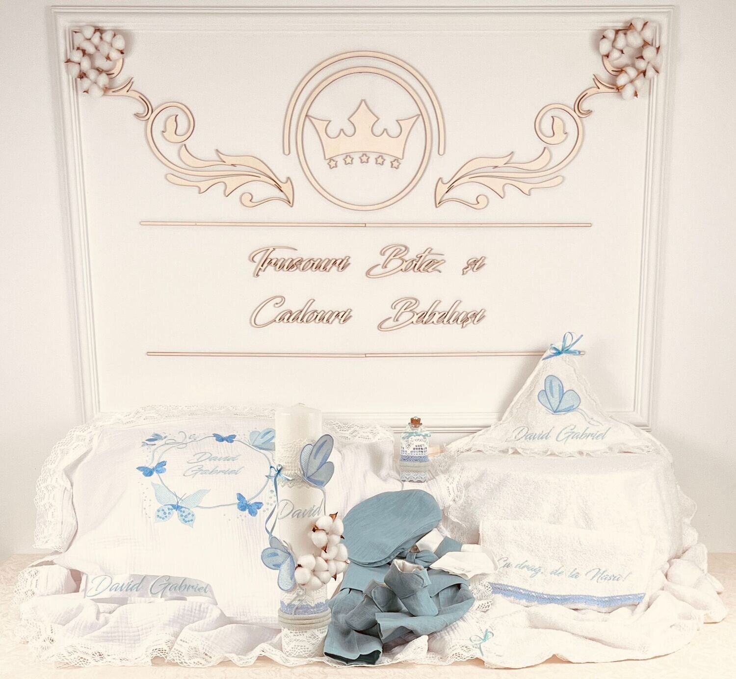 Trusou Botez Personalizat Fluturi Aqua - Set Biserica Premium