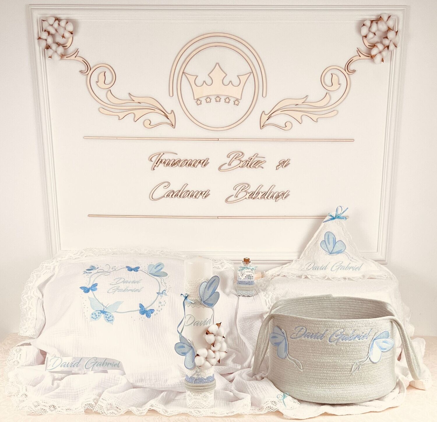 Trusou Botez Personalizat Fluturi Aqua - Set Biserica