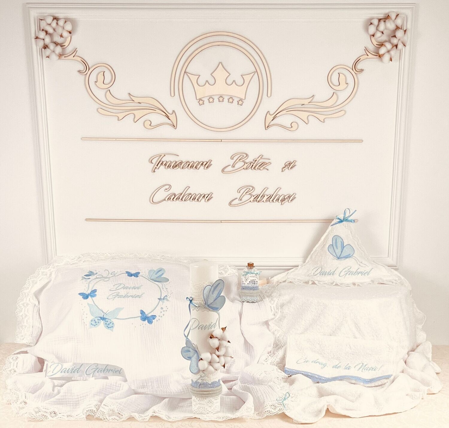 Trusou Botez Personalizat Fluturi Aqua - Set Biserica