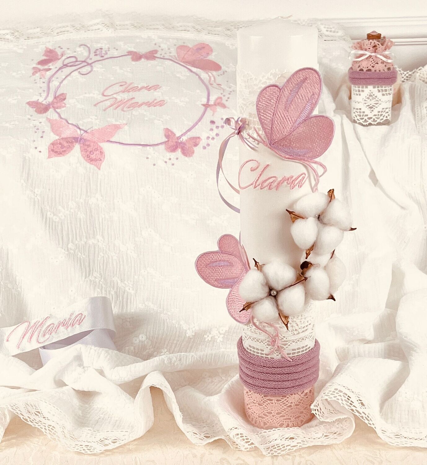 Trusou Botez Personalizat Fluturi Roz - Set Biserica Premium