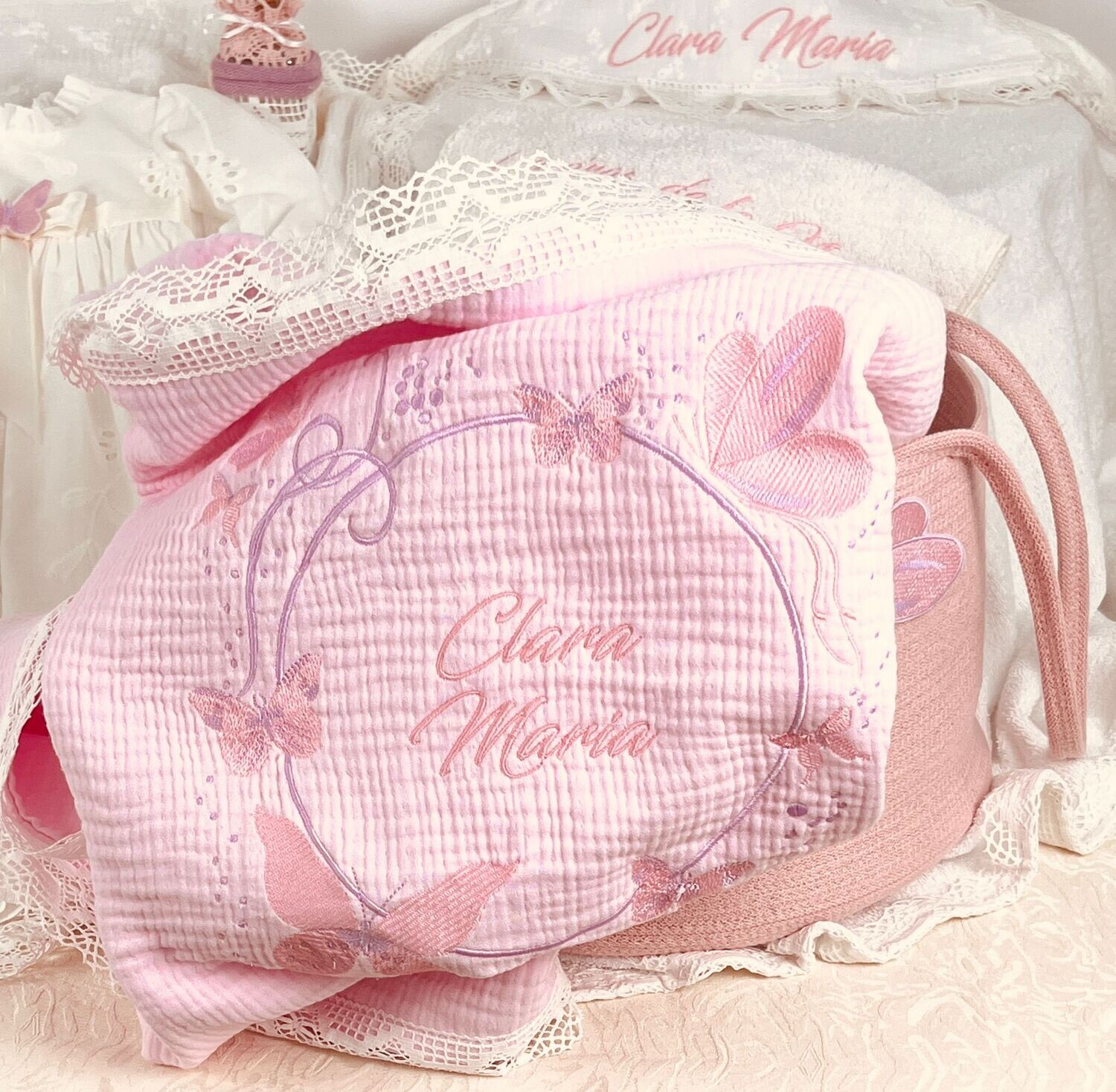 Trusou Botez Personalizat Fluturi Roz - Set Biserica Premium