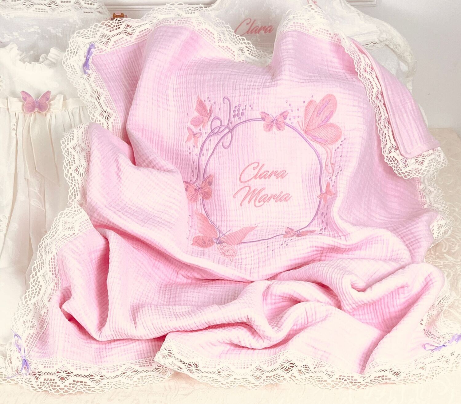 Trusou Botez Personalizat Fluturi Roz - Set Biserica Premium
