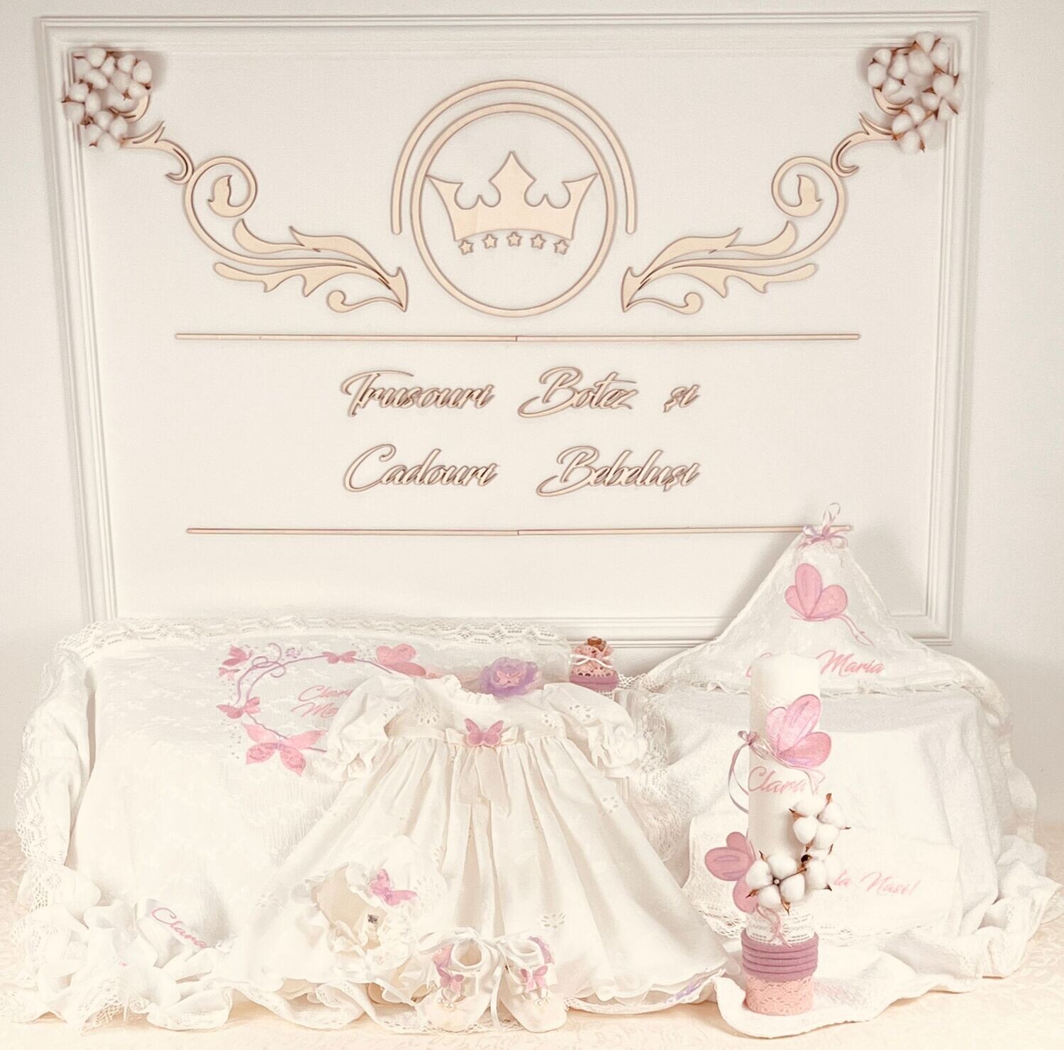 Trusou Botez Personalizat Fluturi Roz - Set Biserica Premium