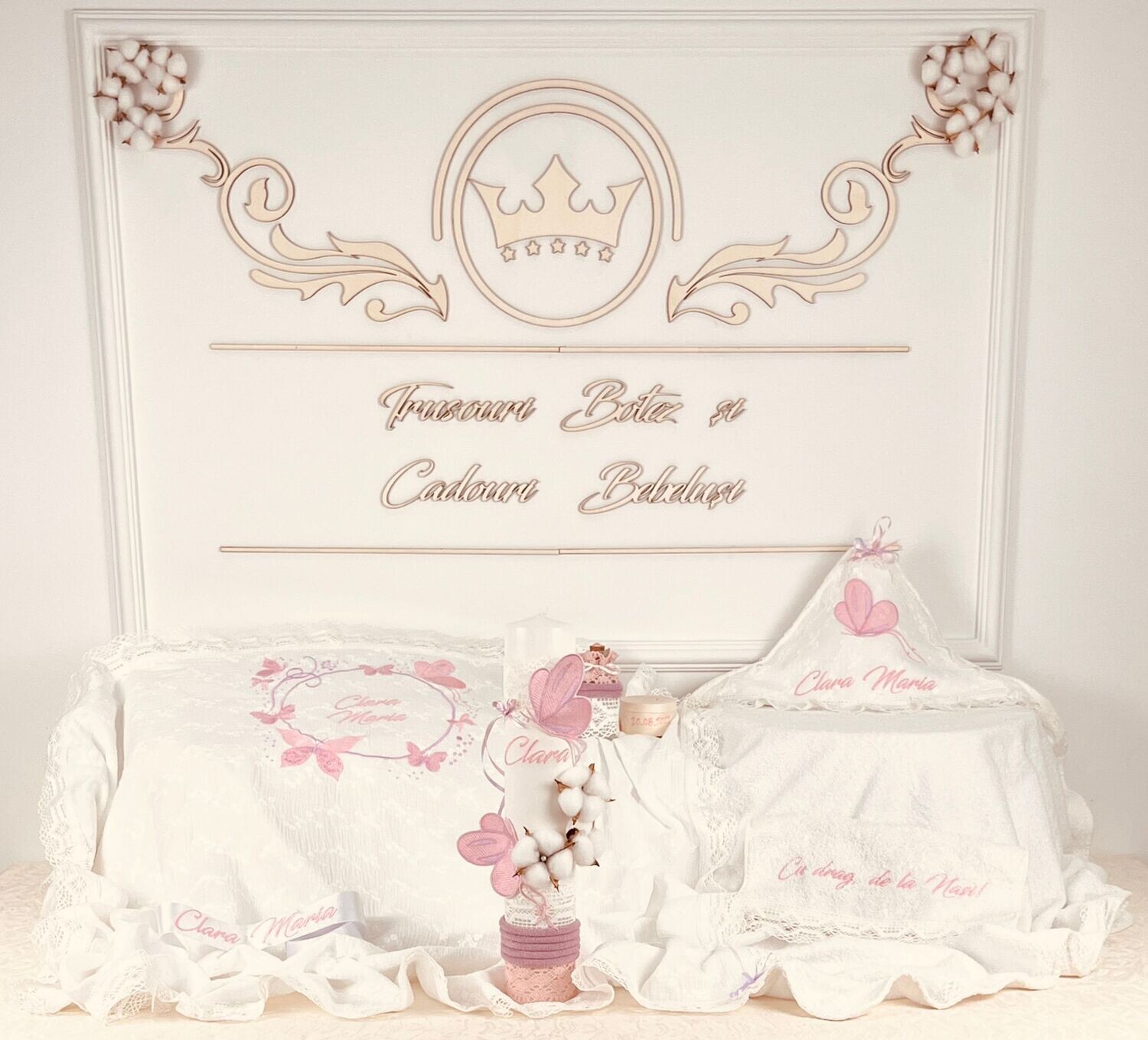 Trusou Botez Personalizat Fluturi Roz - Set Biserica Premium