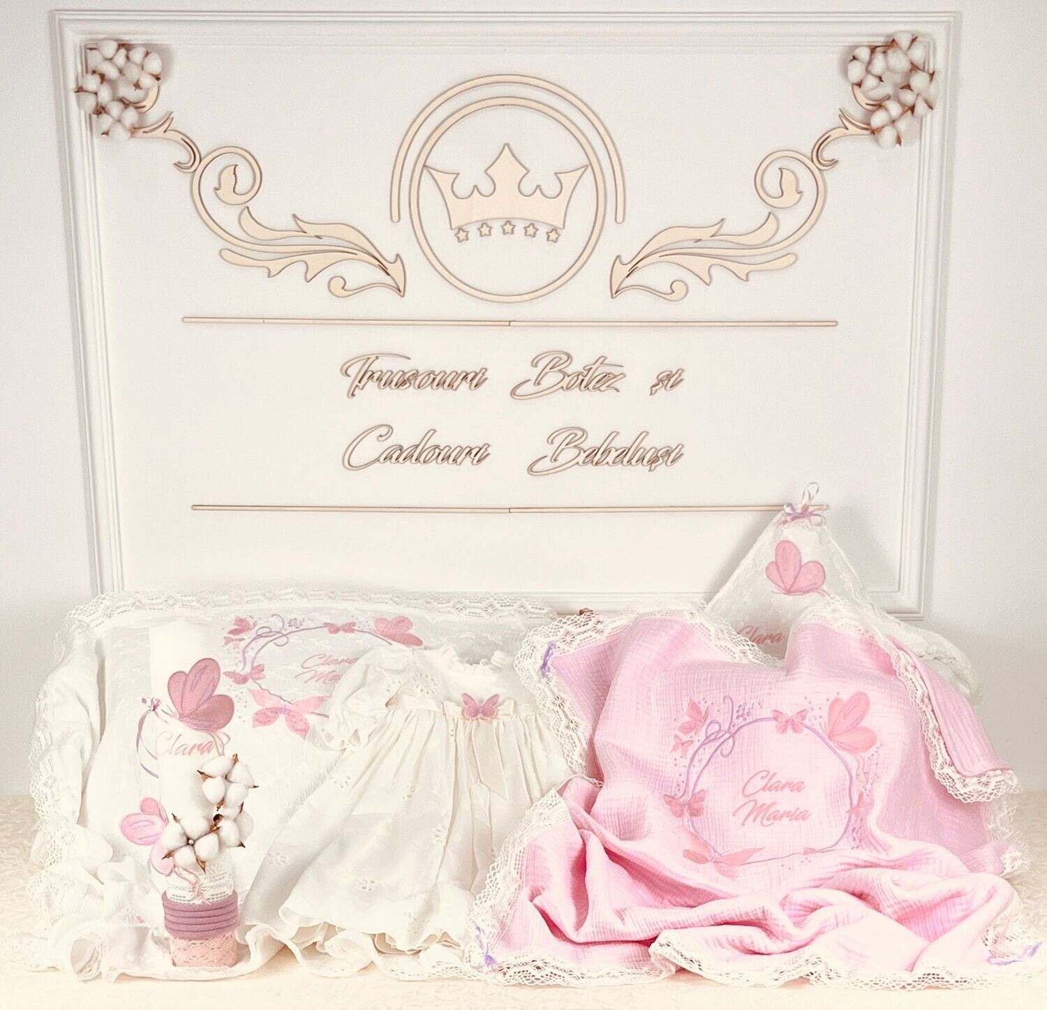 Trusou Botez Personalizat Fluturi Roz - Set Biserica Premium