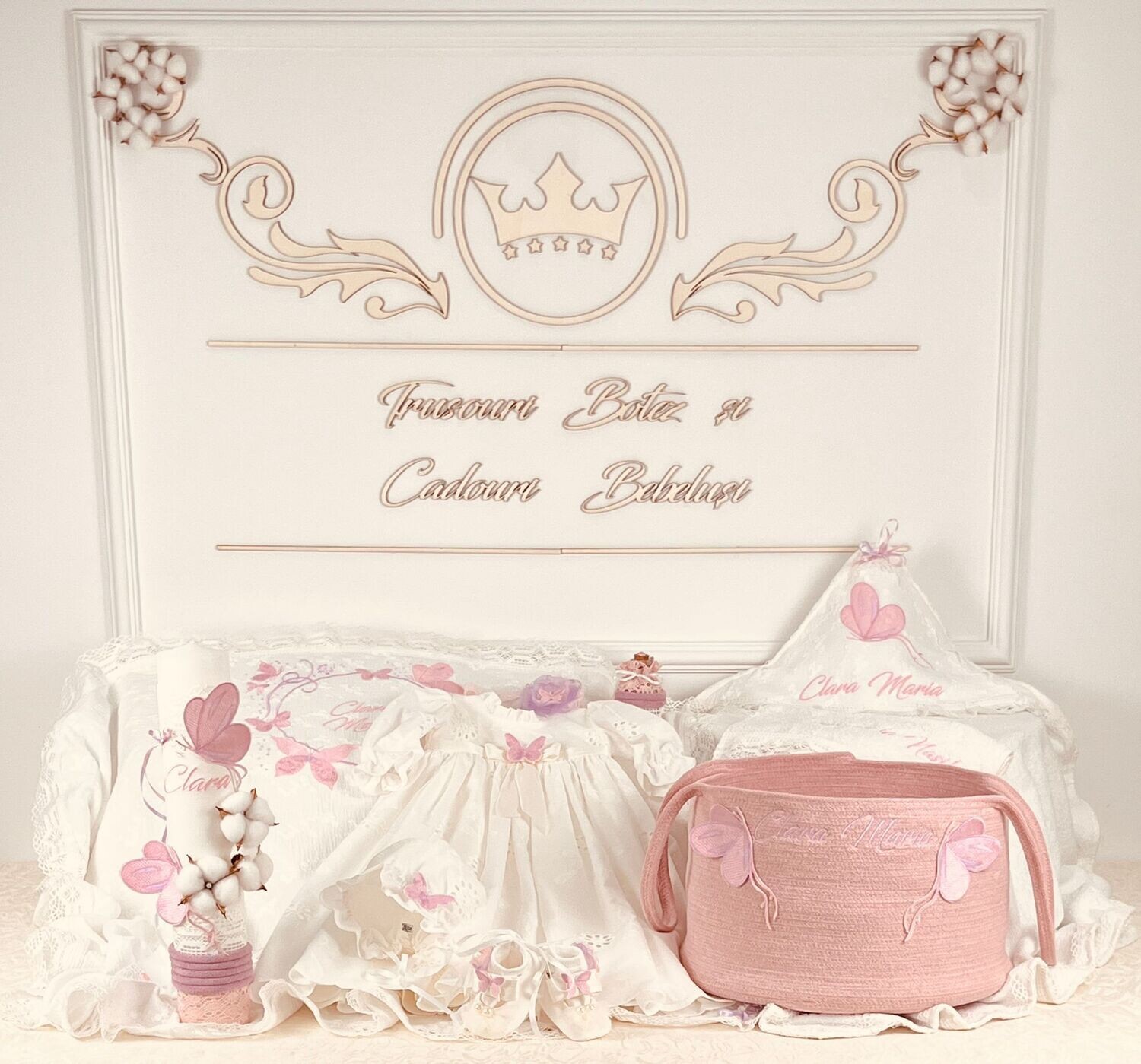 Trusou Botez Personalizat Fluturi Roz - Set Biserica Premium