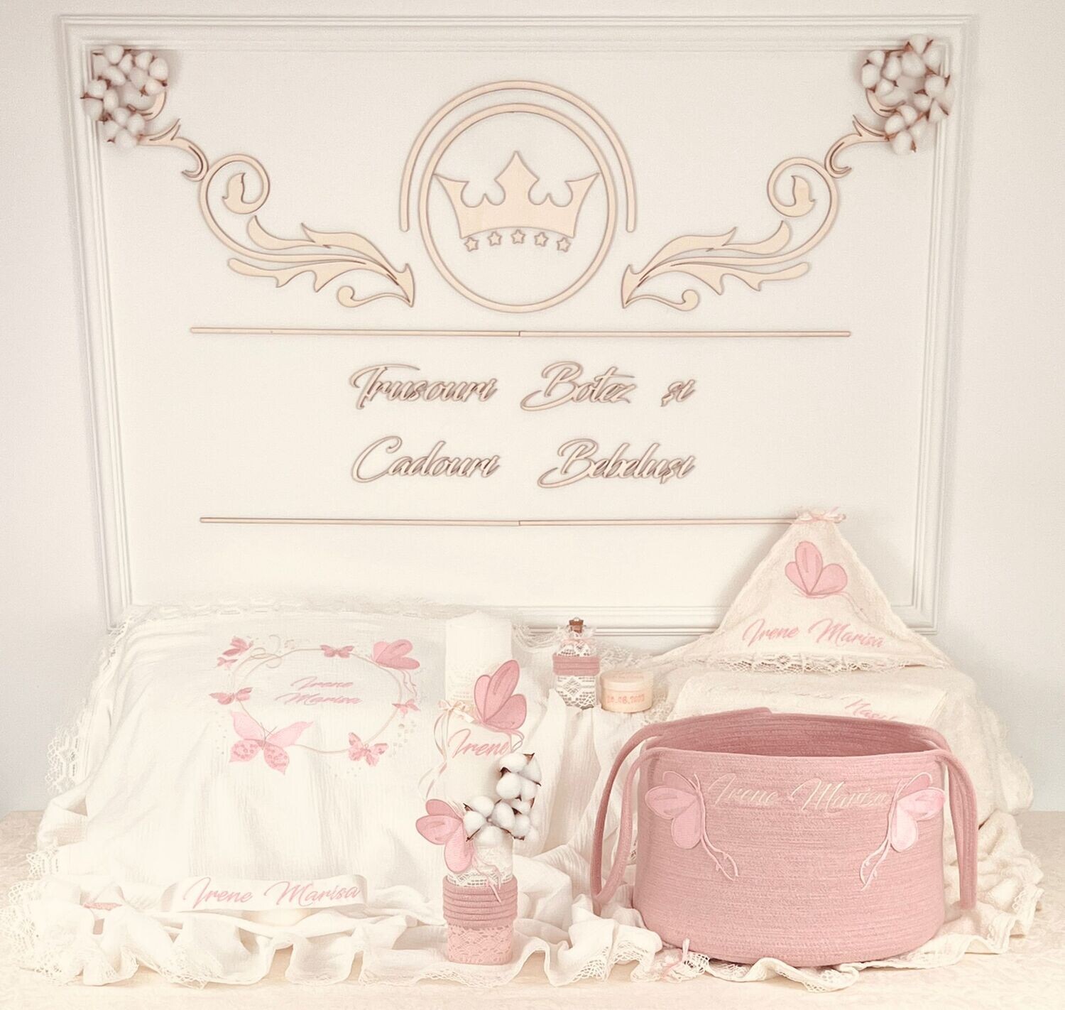 Trusou Botez Personalizat Roz Irene - Set Biserica Premium