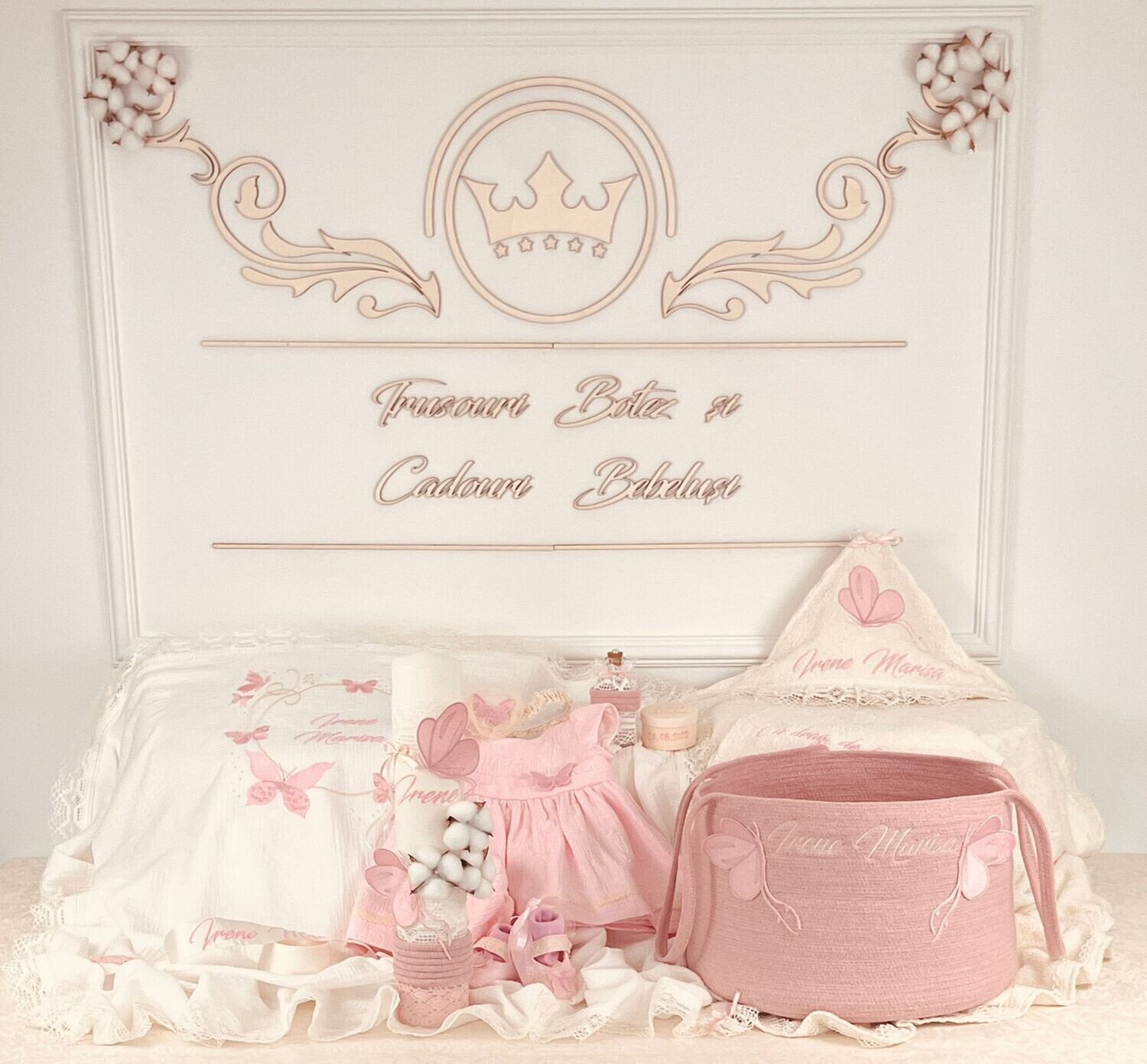 Trusou Botez Personalizat Roz Irene - Set Biserica Premium