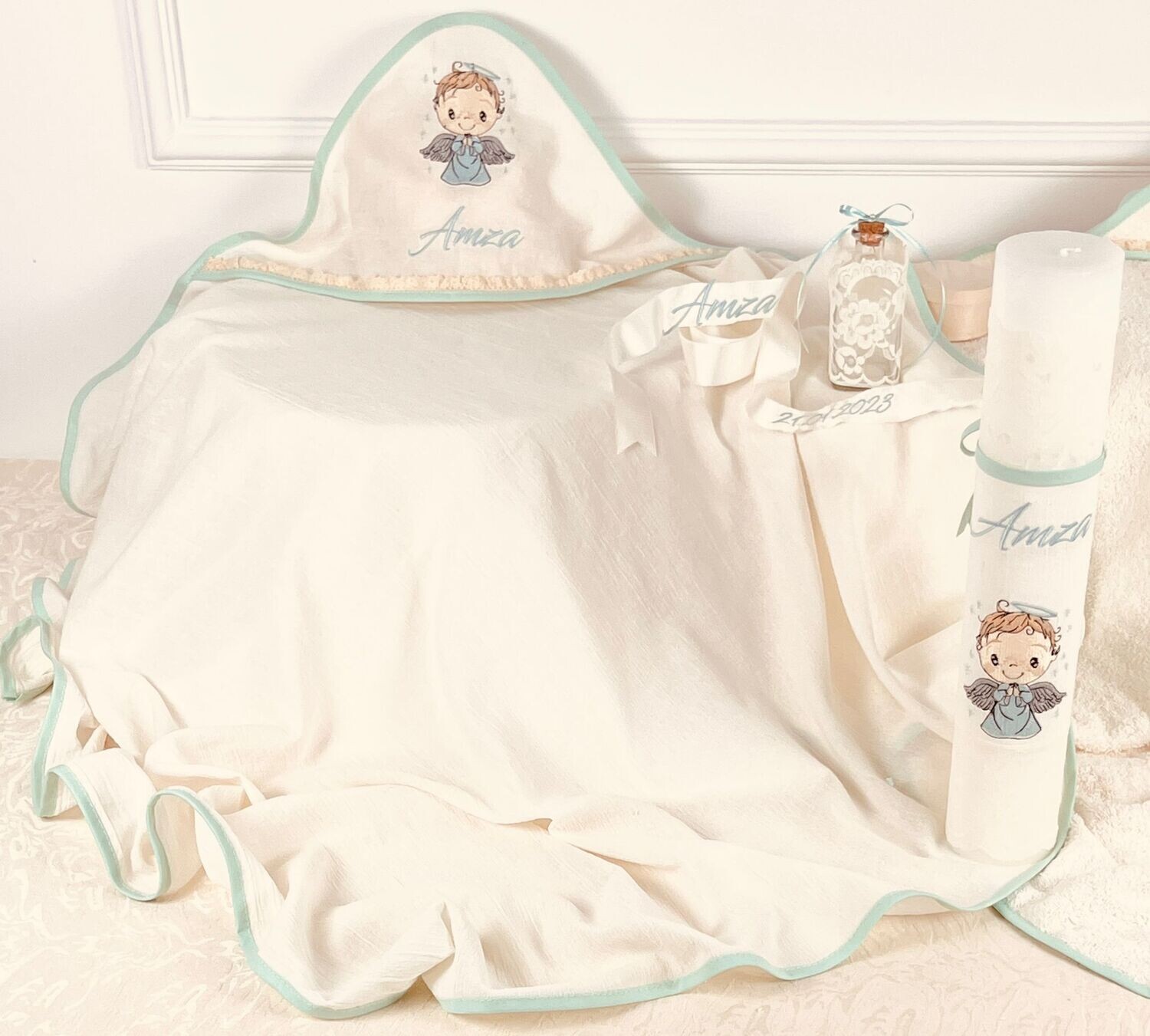 Trusou Botez din MUSELINA Ingeras Aqua - Set Biserica