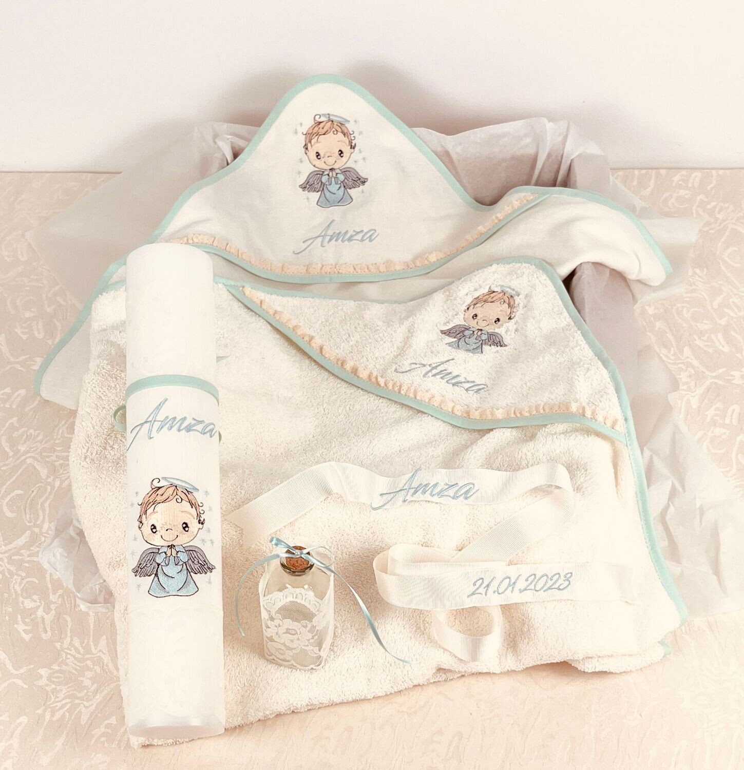 Trusou Botez din MUSELINA Ingeras Aqua - Set Biserica
