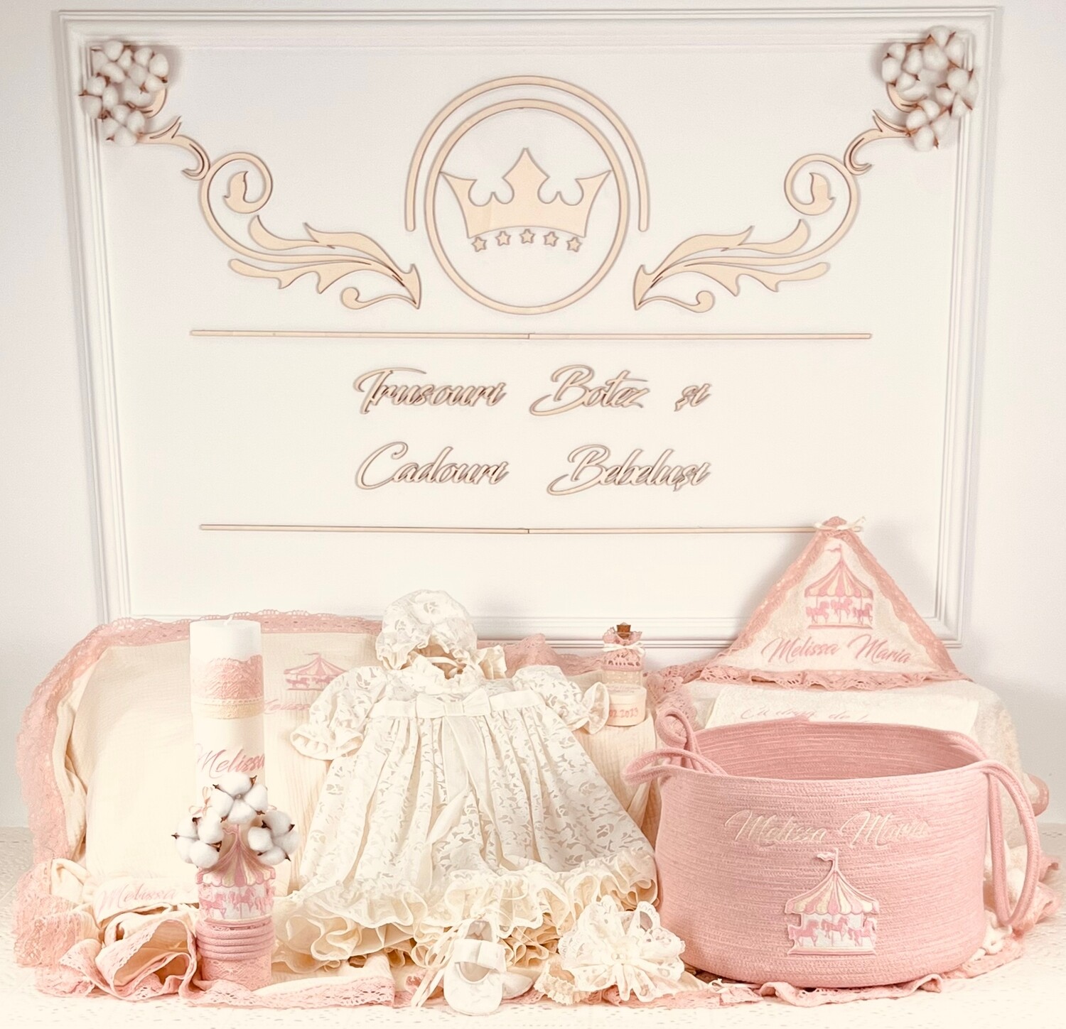 Trusou Botez Personalizat Muslin Carusel 2 - Set Biserica Premium